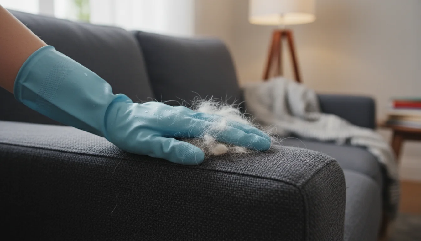 Close-up of a hand in a damp blue rubber glove collecting light pet hair from a dark gray sofa cushion.