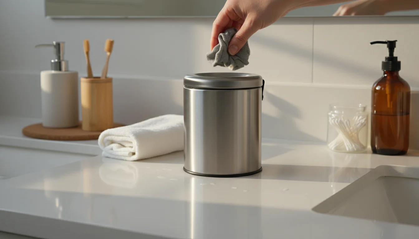 A hand discards a cleaning wipe into a small bin on a clean bathroom counter, reflecting soft evening light, with neatly organized items.