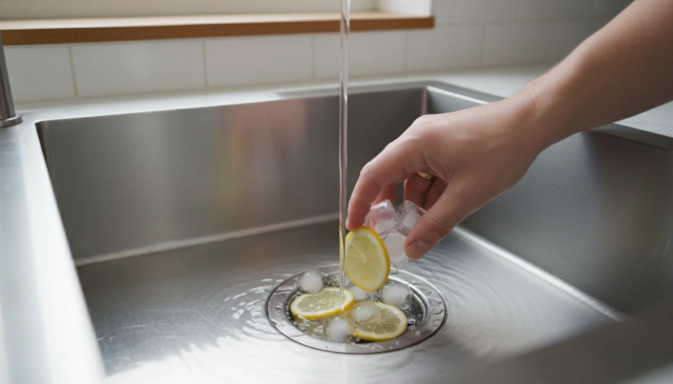 A hand drops ice cubes and lemon slices into a clean kitchen sink's garbage disposal.
