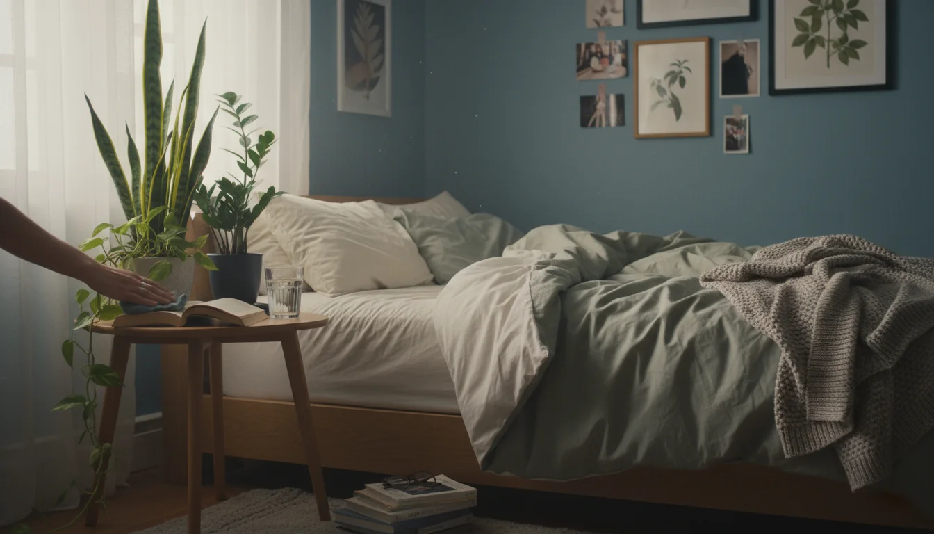 A hand gently dusts a leaf on a snake plant, part of a cluster of easy-care plants on a light bedside table in a cozy bedroom.