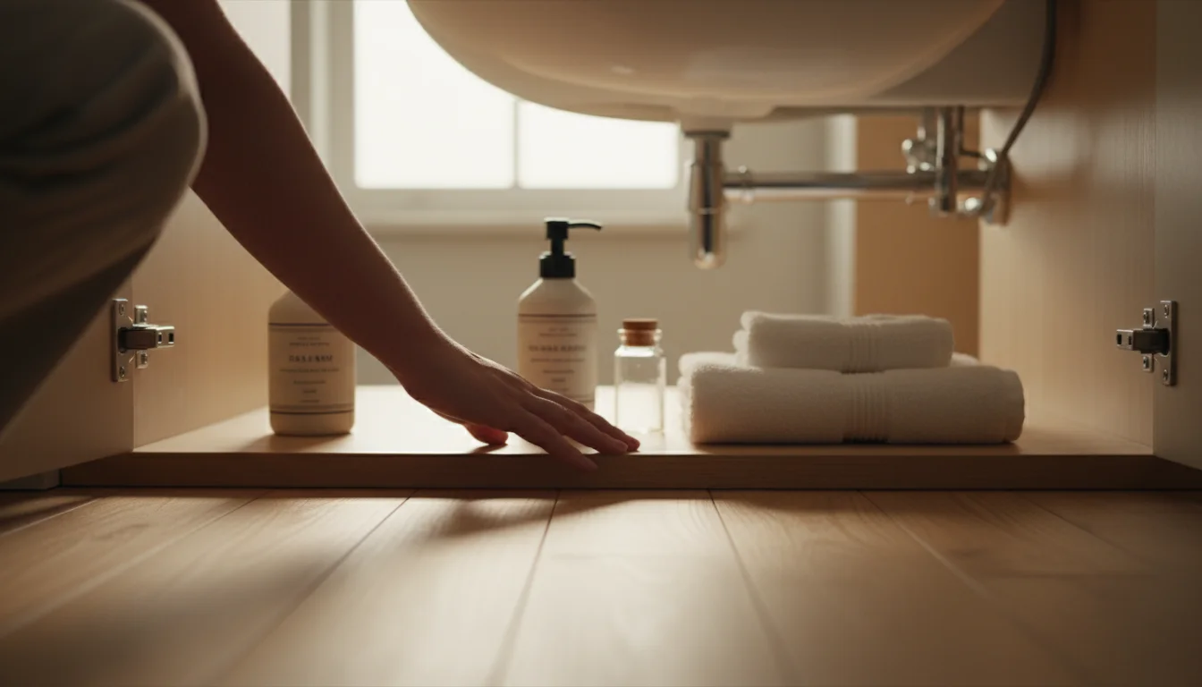 Close-up of a hand feeling under a bathroom sink cabinet for leaks, revealing neat storage and wooden interior.