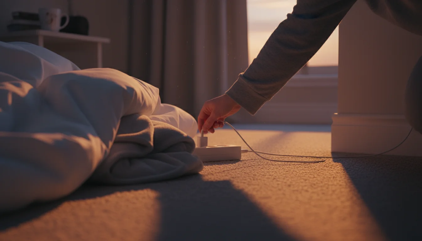 A hand in a grey pajama top unplugging a phone charger from a power strip on the floor beside a bed with a woven rug.