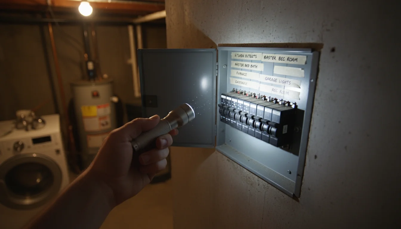 A hand holding a small flashlight illuminates handwritten labels on an electrical service panel's circuit breakers.