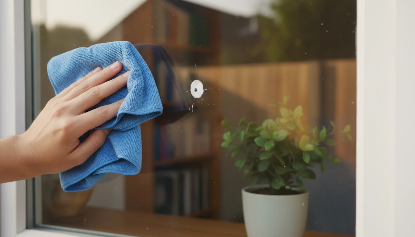 A hand holds a damp microfiber cloth, poised to wipe a fresh bird dropping off a clean window pane from the outside.