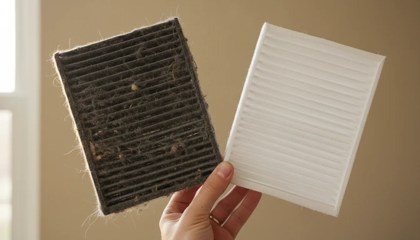 A hand holds a dirty, dark gray HVAC air filter next to a clean, white new filter, against a blurred home wall.