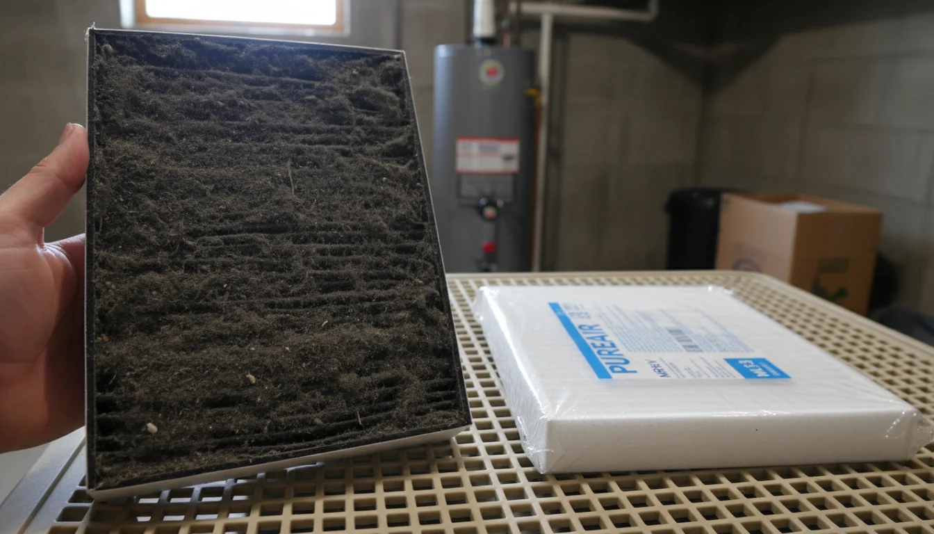 A hand holds a dirty furnace air filter next to a new, clean filter in its packaging on a utility mat.
