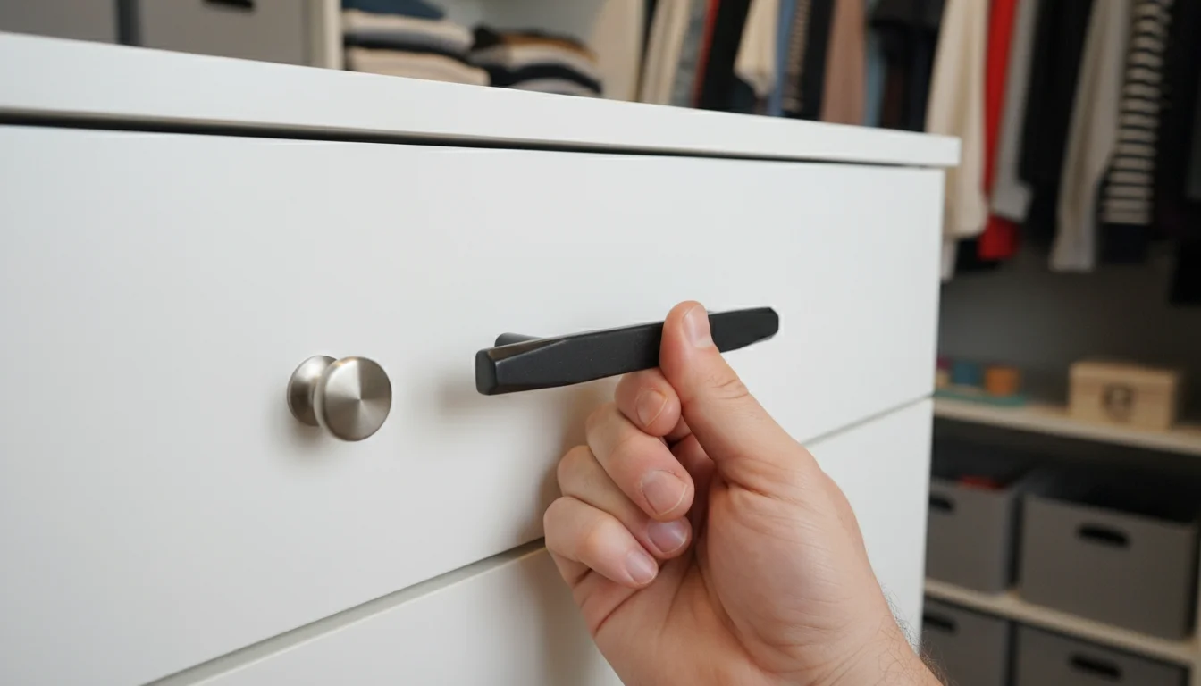 A hand holds a new decorative drawer pull next to a plain knob on a white closet drawer.