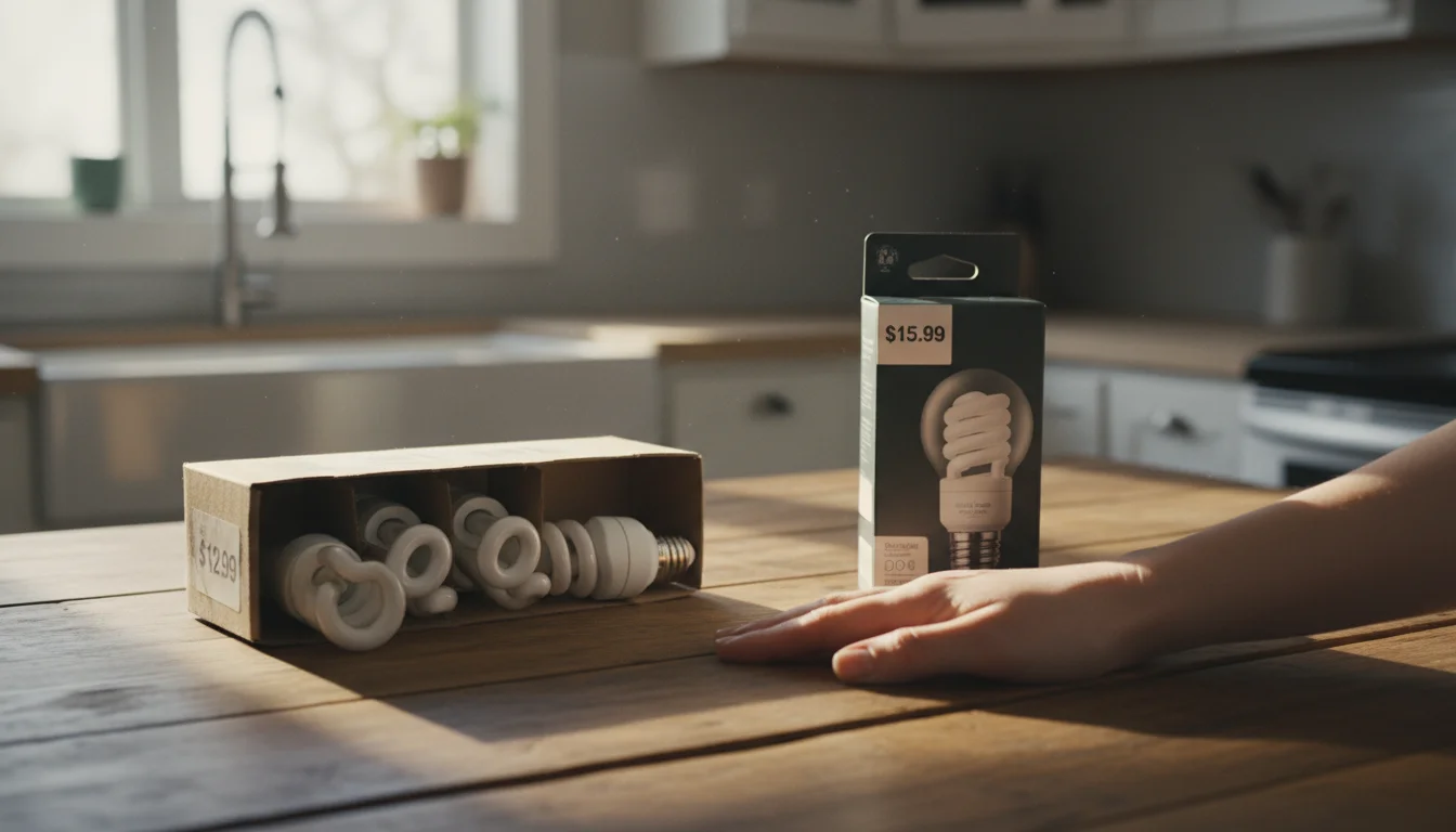 A hand hovering between a multipack of CFL bulbs with a $12.99 price and an LED bulb pack for $15.99, on a kitchen island.