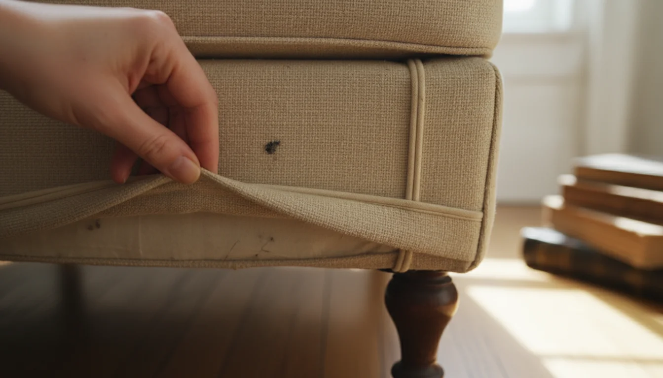 A hand carefully inspects the underside seam of a light-colored upholstered armchair, revealing small dark specks.