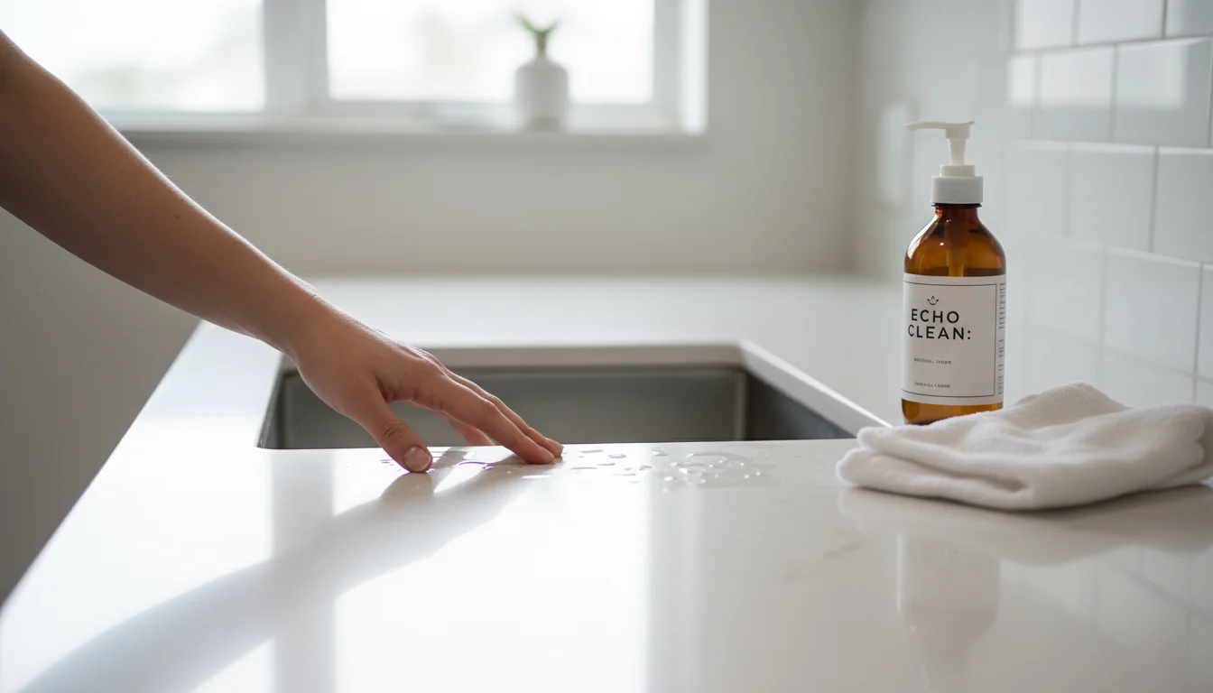 Hand lightly touching a sparkling stainless steel kitchen sink. An eco-friendly cleaner bottle and cloth are nearby.