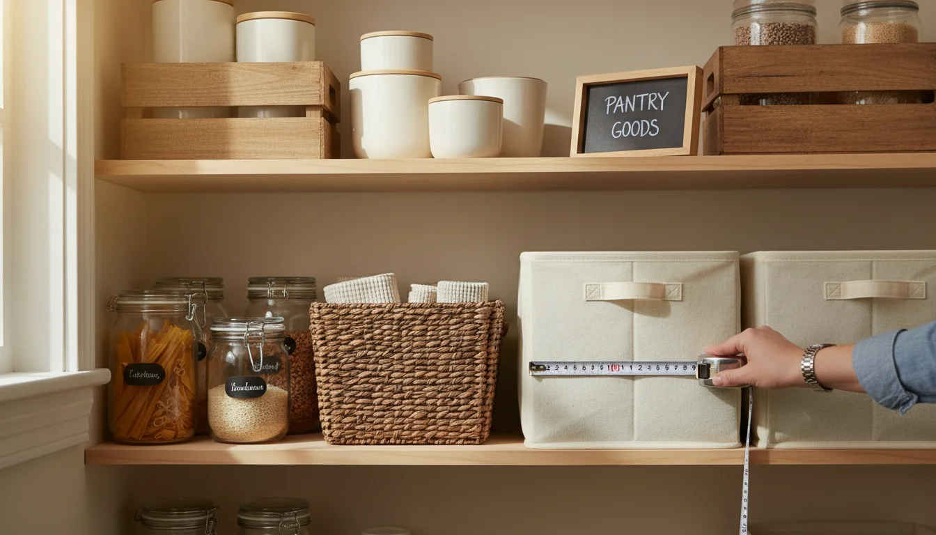 A hand measures a natural wood pantry shelf where opaque fabric, woven, and wire bins are neatly placed, organizing tea and snacks.