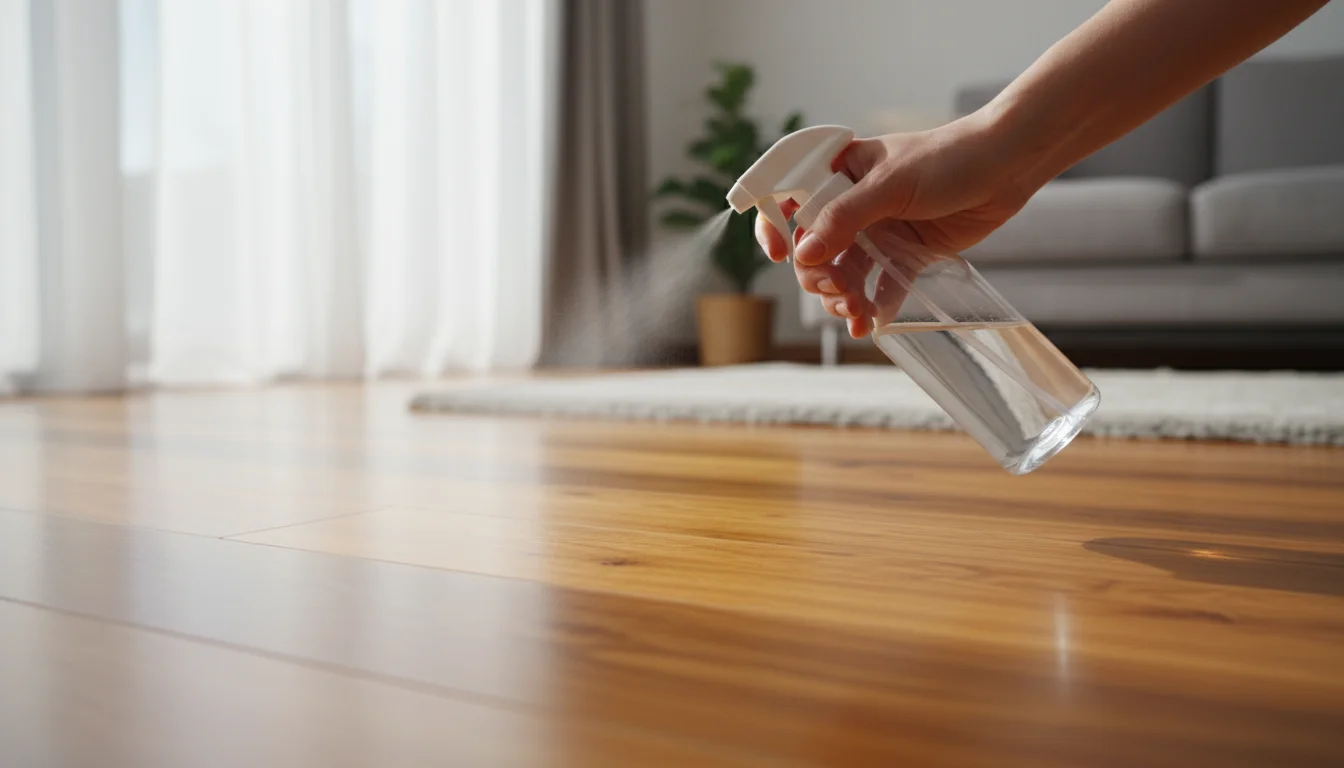 A hand gently mists a wood floor with a spray bottle, preparing to clean with a barely damp microfiber mop.