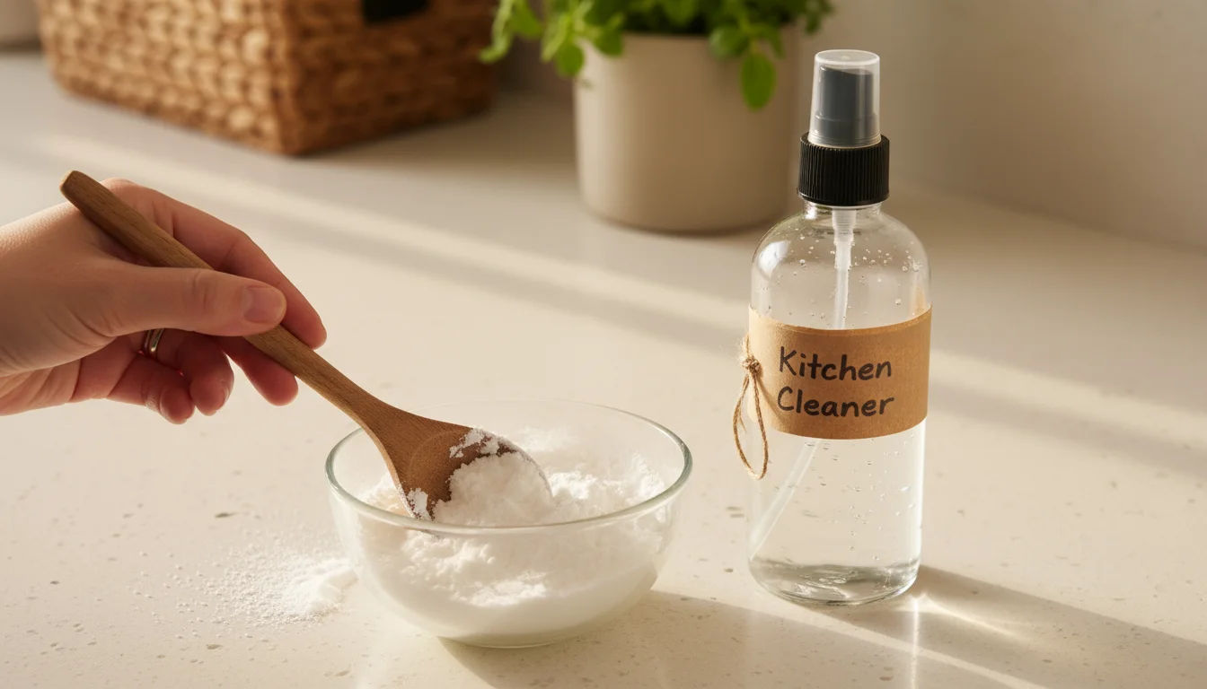 Overhead view of a hand mixing baking soda paste in a glass bowl on a kitchen counter, next to a DIY spray bottle, vinegar, and a lemon.