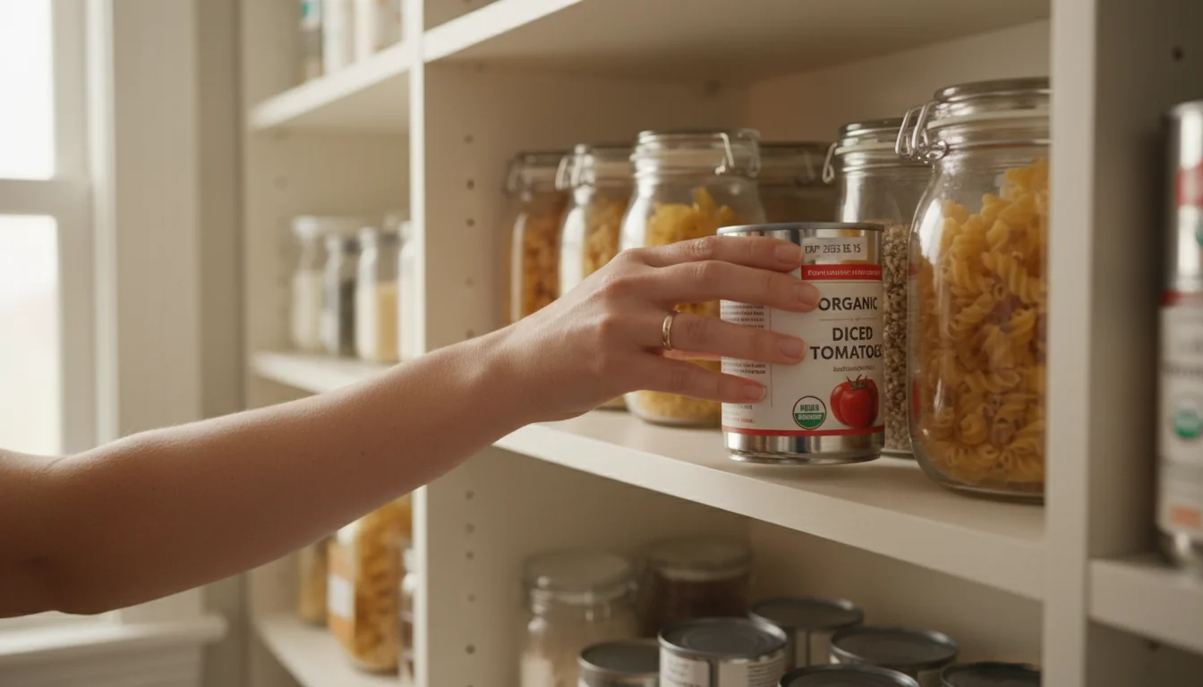 Hand moves a labeled can to the front of a light-filled pantry shelf, implementing FIFO for freshness and waste reduction.