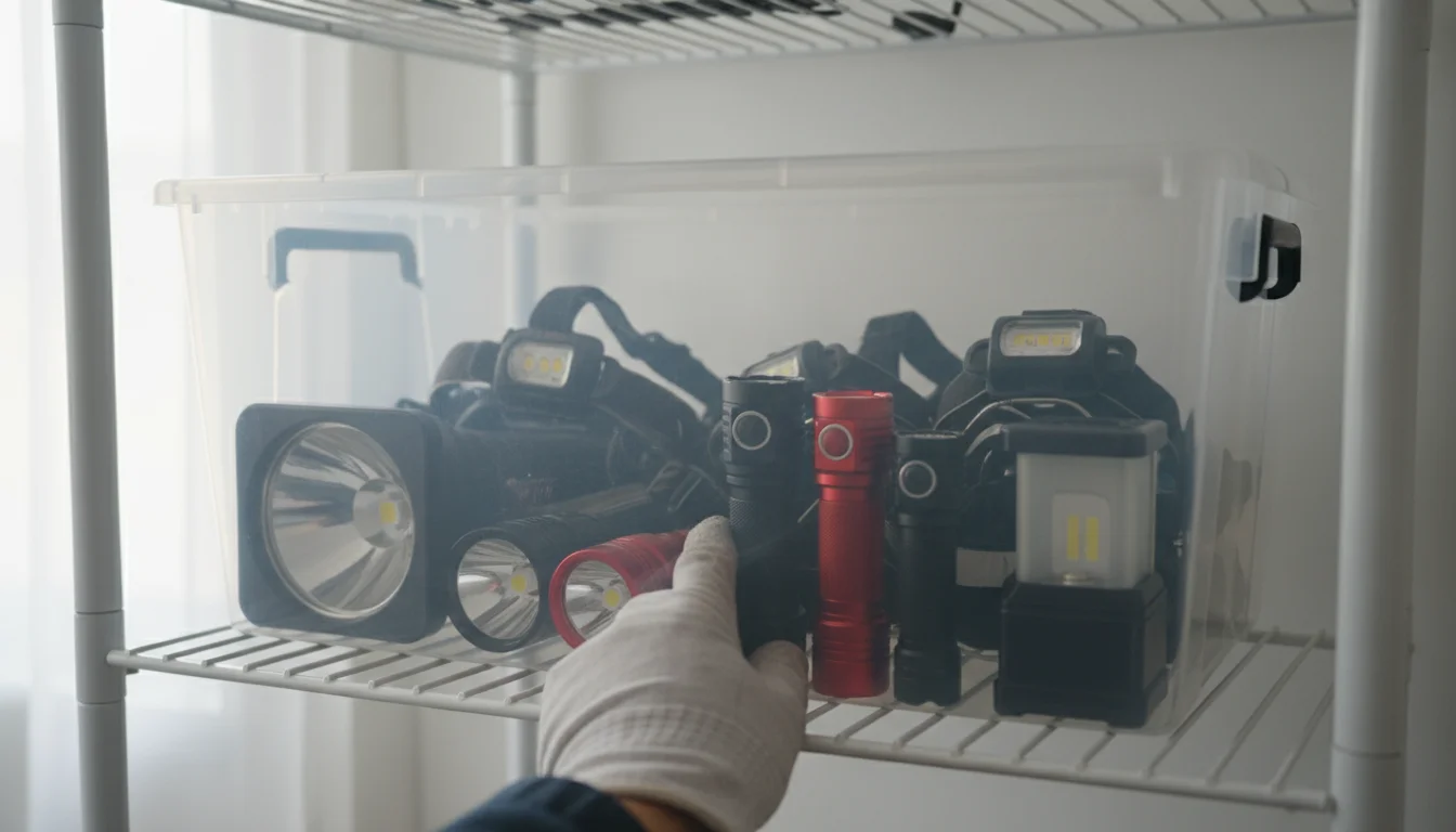 A hand organizes flashlights, headlamps, and a battery lantern in a clear storage bin on a shelf.