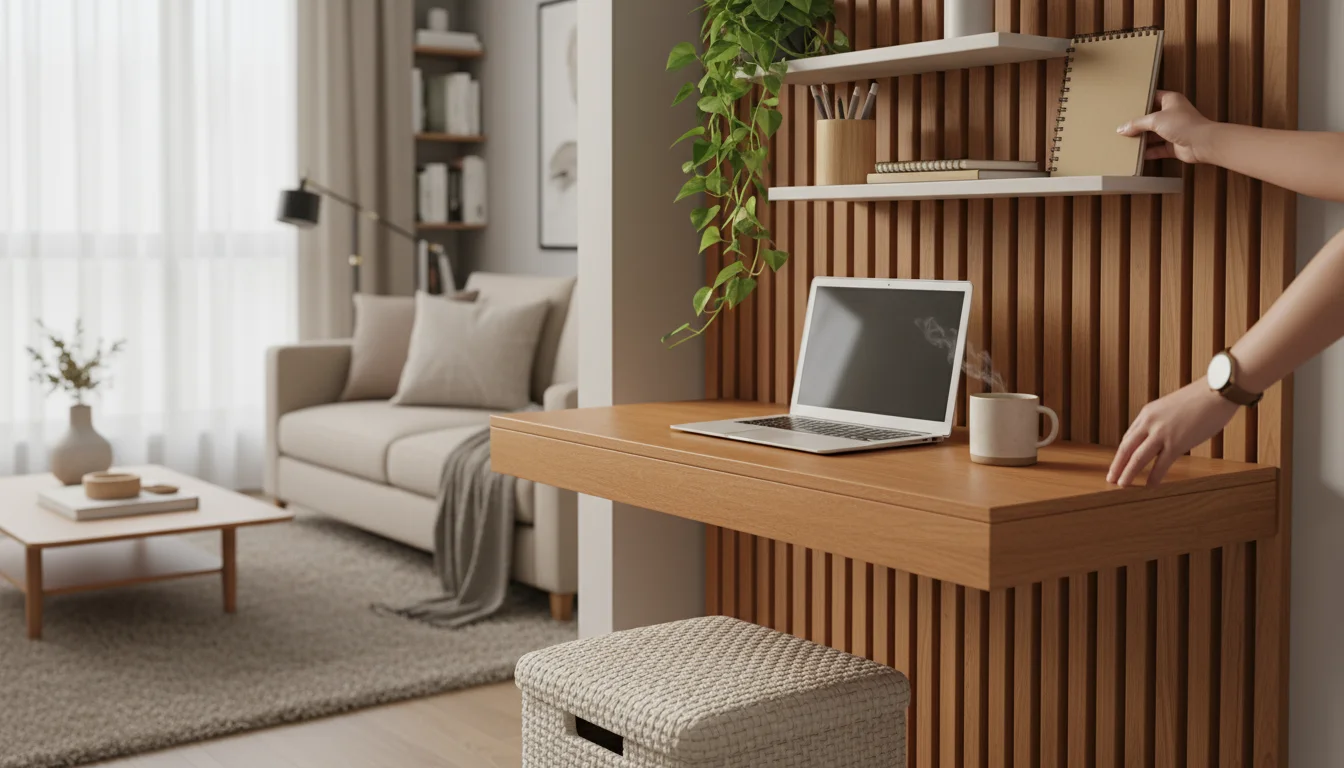 A hand organizes a notebook on shelves above a space-saving wall-mounted desk and storage ottoman in a small, organized home office nook.