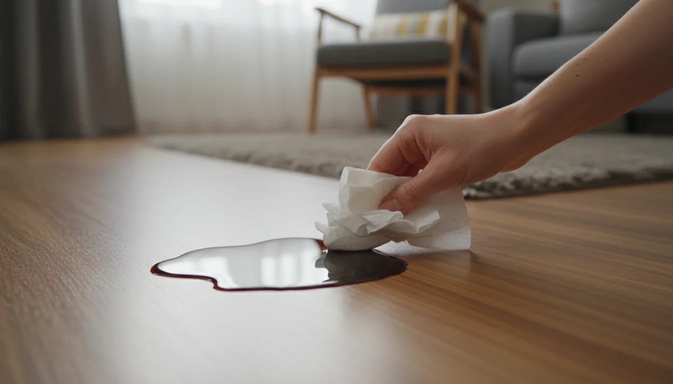 A hand with a paper towel quickly blotting a small dark liquid spill on a warm laminate floor.