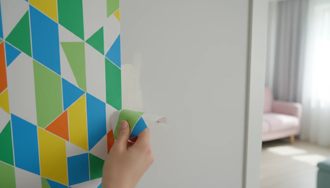 A hand gently peels vibrant geometric removable wallpaper from a wall, revealing a perfectly clean surface with no damage underneath.