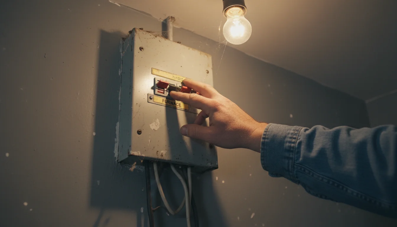Hand of a person in a utility space reaching towards a labeled circuit breaker switch on an older electrical panel.