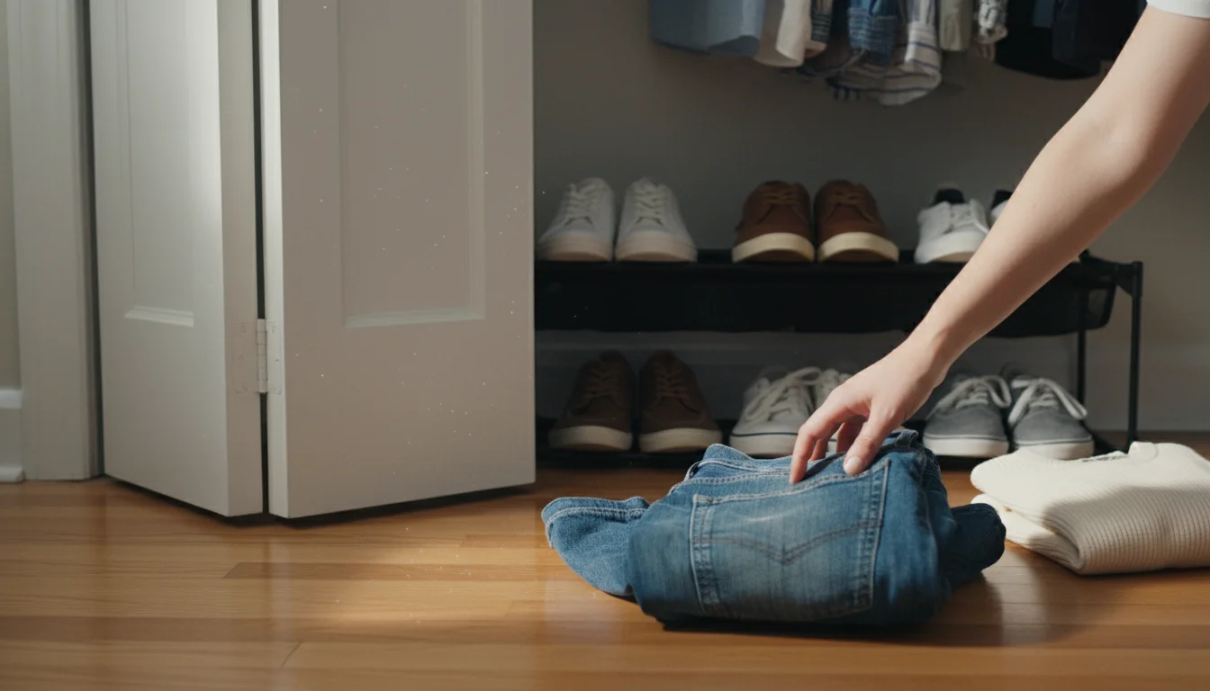 A hand picks up jeans from the floor beside a tidy closet, with a sweater and shoes visible, illustrating a quick daily reset.