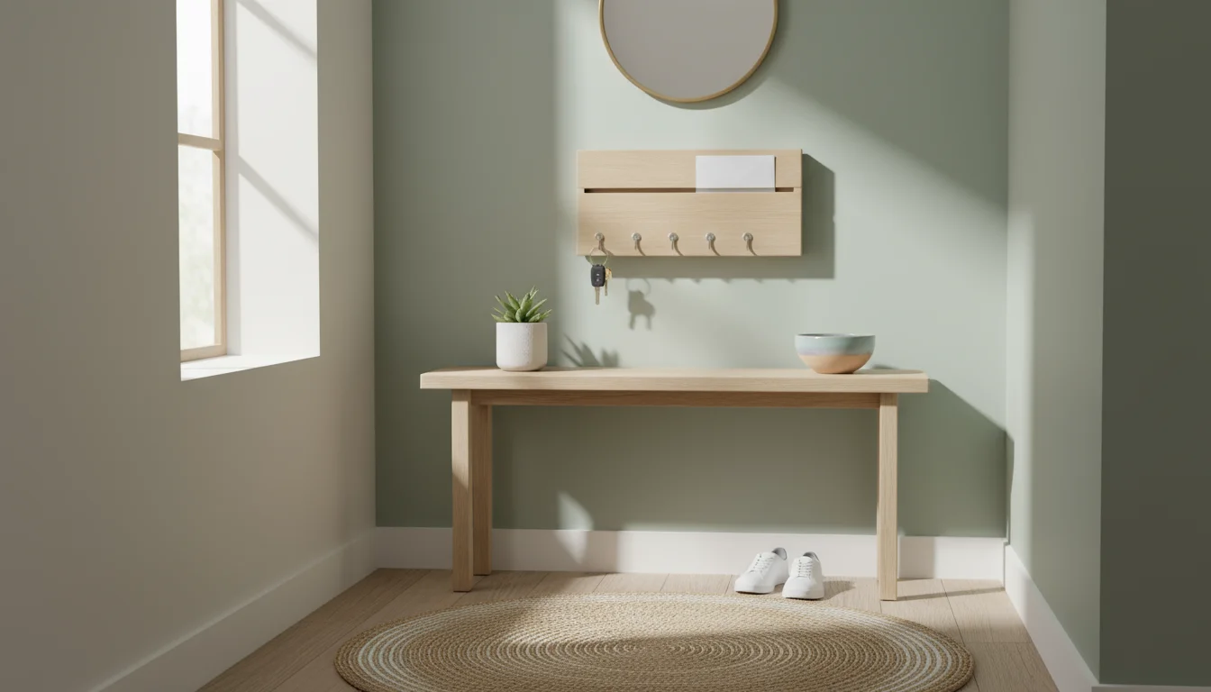 A hand places keys on a hook of a wooden wall-mounted organizer in a neat entryway, above a console table with a plant.