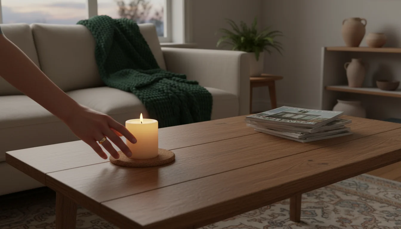 A hand carefully places a lit pillar candle on a cork coaster on a coffee table, away from a blanket and magazines.