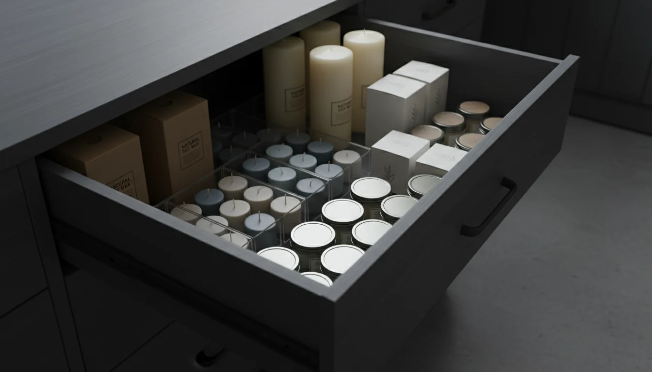 A hand gently places a packaged candle into a neatly organized drawer filled with other unlit pillar, votive, and jar candles in their boxes and clear