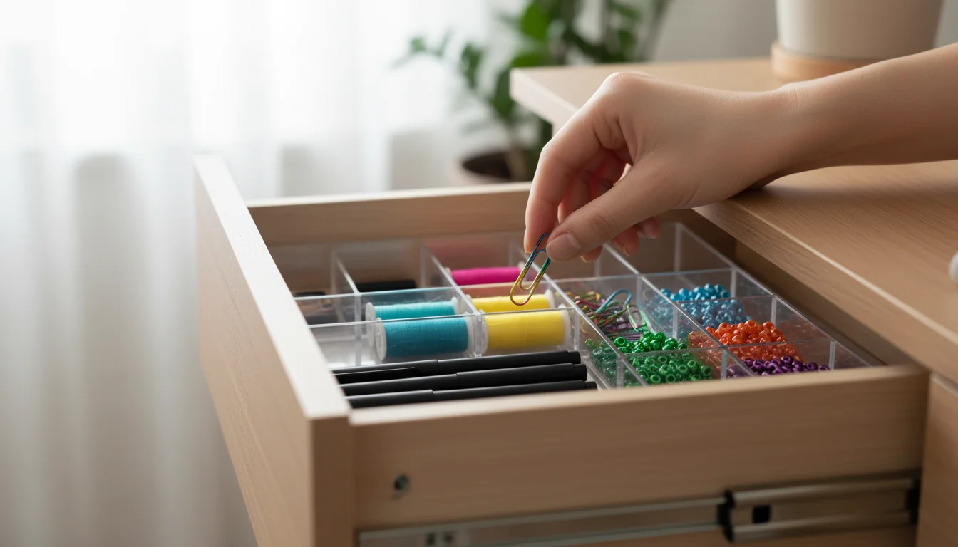 A hand places a paper clip into a clear organizer in a partially open desk drawer, showing neat pens, thread, and beads.