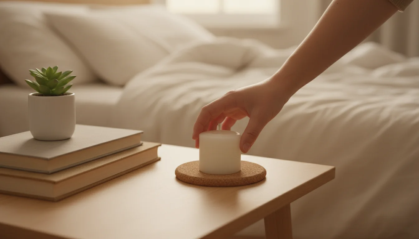 A hand places a pillar candle on a cork coaster on a neat wooden bedside table with books and a small succulent.