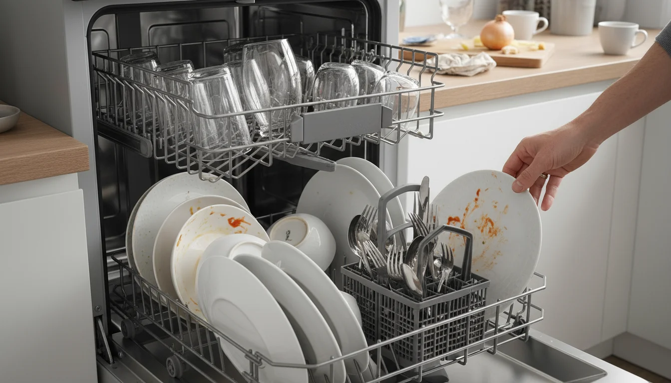 A hand places a plate with food scraps into a fully loaded dishwasher.