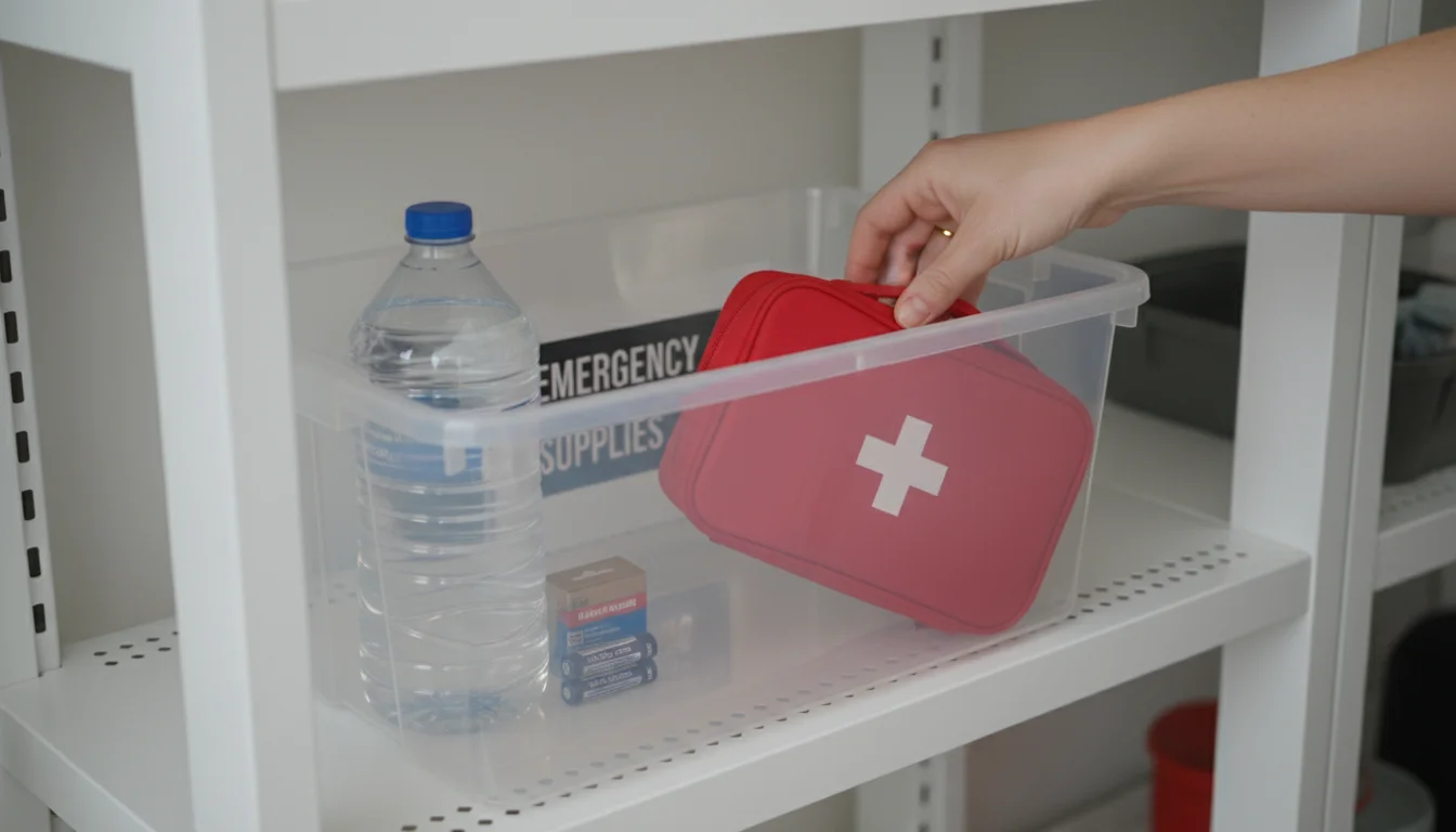 A hand places a red first-aid kit into a clear storage bin already containing a water jug and batteries on a utility shelf.
