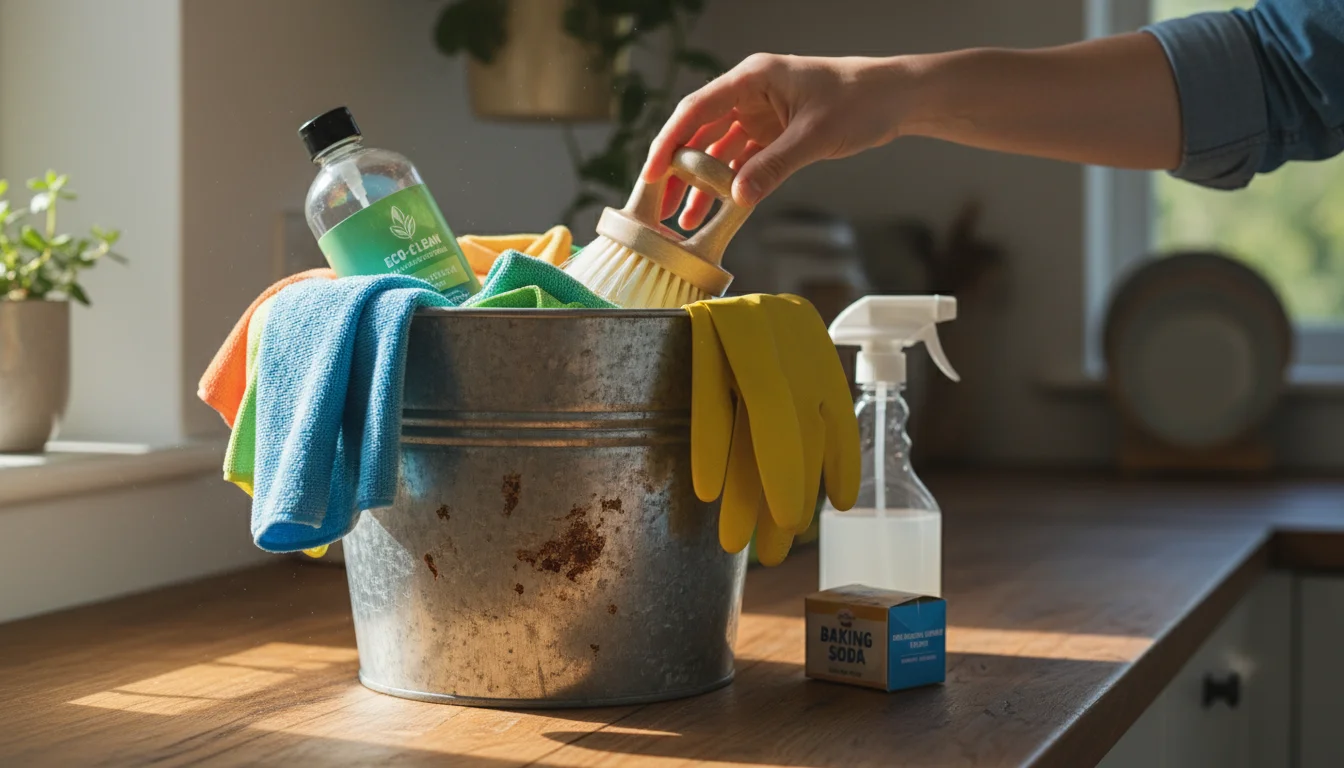 A hand places a scrub brush into a galvanized steel bucket filled with cleaning supplies (cloths, cleaner, gloves) on a wooden kitchen counter.