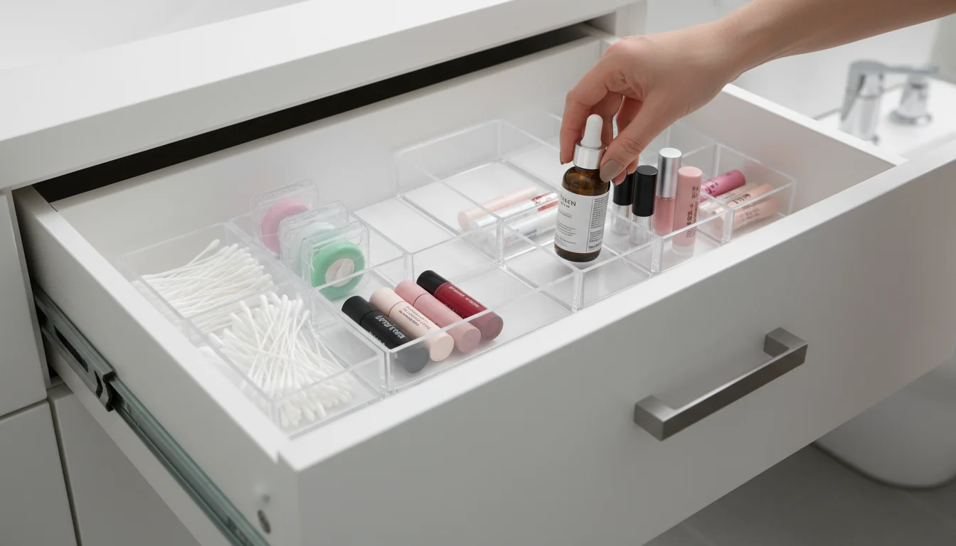 A hand places a small bottle into a clear acrylic drawer organizer with multiple compartments in a bathroom vanity drawer.