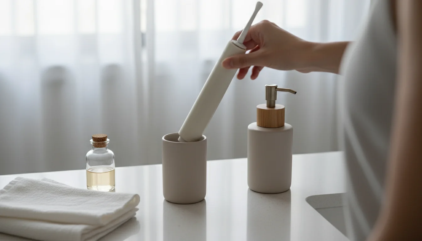 A hand placing an electric toothbrush into a small holder on a clean, light-colored bathroom counter, bathed in natural light.