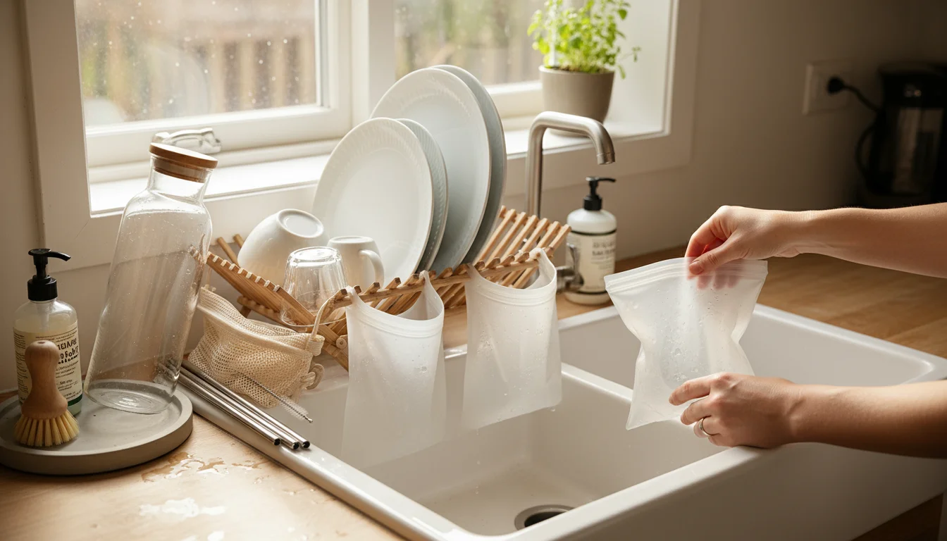 Hand placing a rinsed silicone food storage bag onto a dish rack filled with other reusable items and regular dishes in a kitchen sink area.