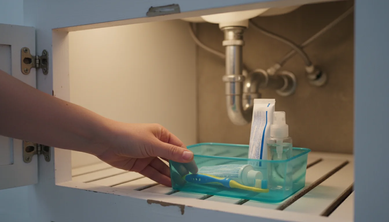 Hand placing a teal caddy with toothbrush and toiletries into a white under-sink cabinet; clean bathroom counter blurred in background.