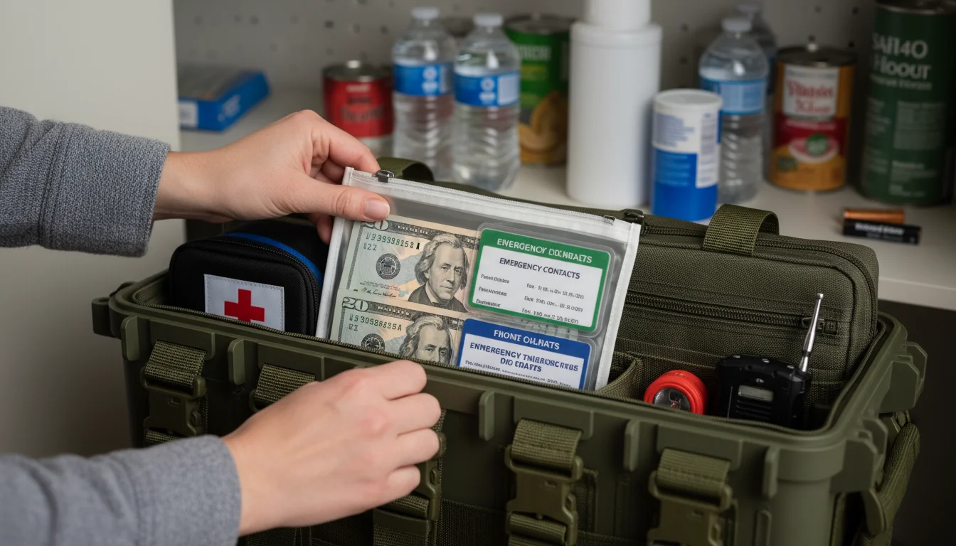 A hand placing a clear waterproof pouch containing cash and emergency documents into an organized home emergency kit.