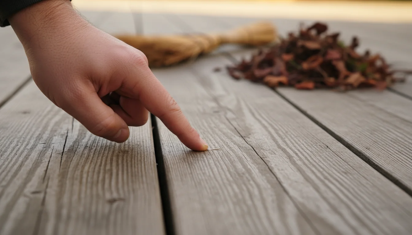 A hand points to a small splinter on a weathered wooden deck board, with a small pile of swept leaves in the soft background.