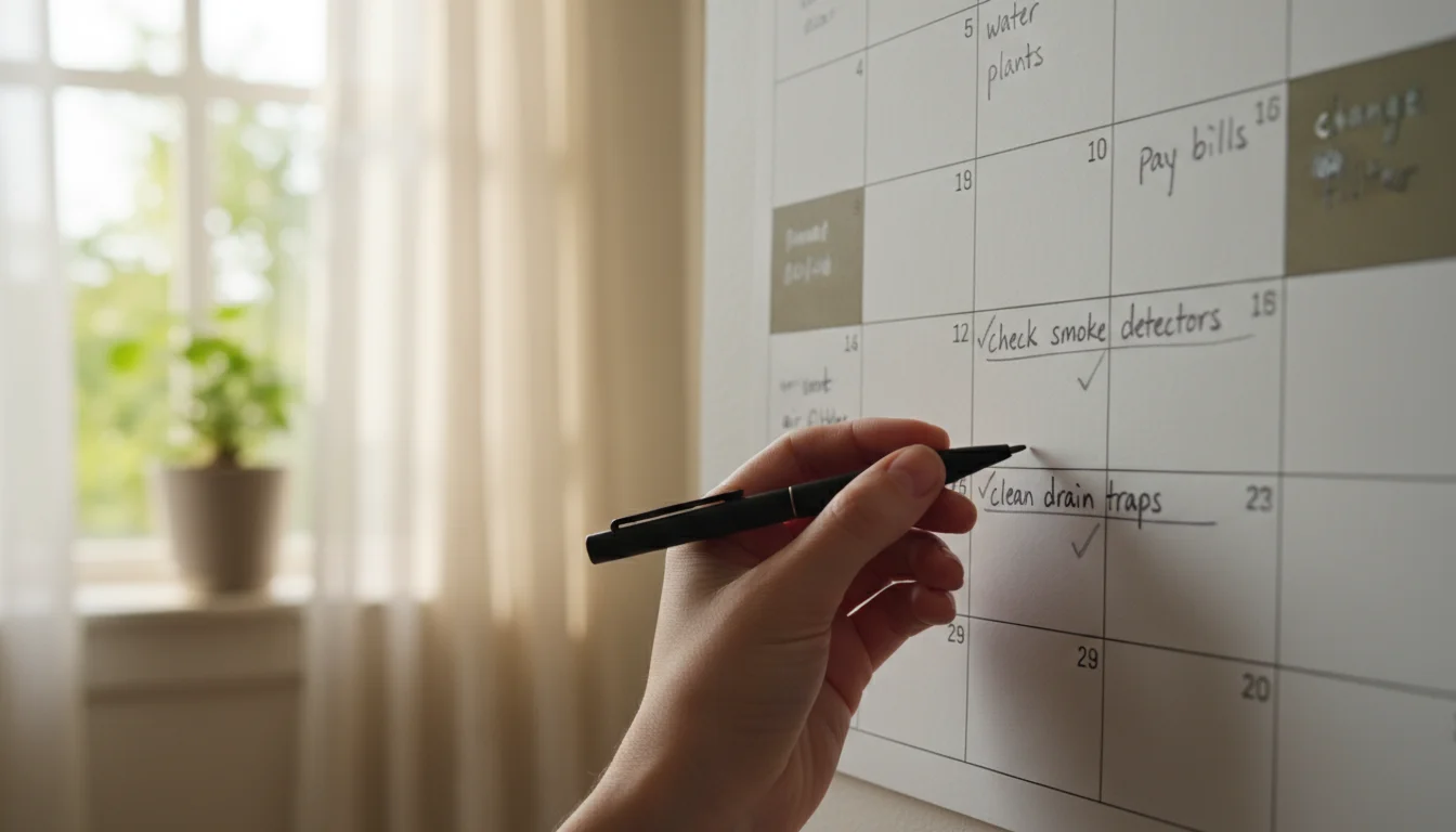 A hand poised to mark 'check smoke detectors' on a simple monthly calendar, with a blurred, clean home interior in the background.