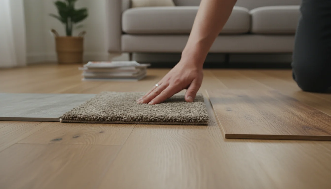 A hand gently presses a plush, muted carpet sample next to a warm-toned LVT plank sample on a living room floor, lit by natural light.
