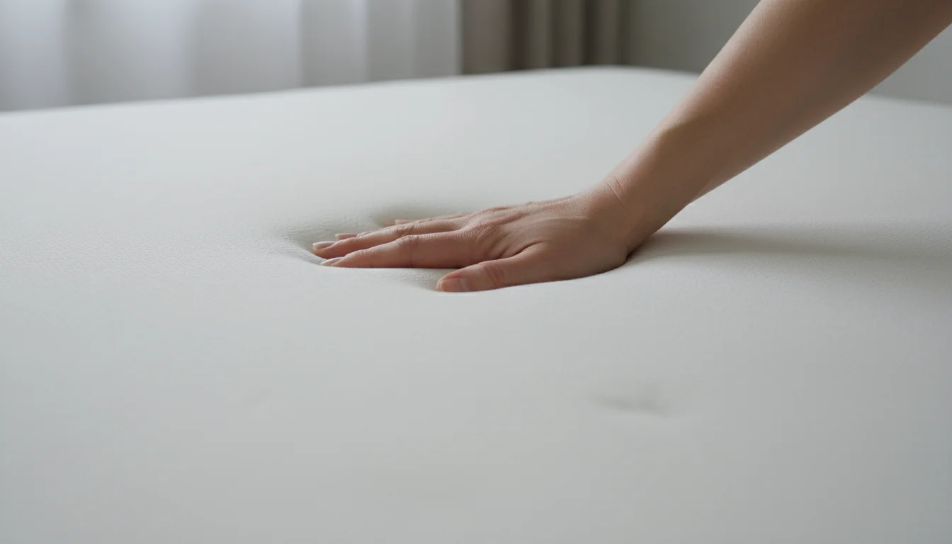 A hand presses into a white memory foam mattress, showing its contouring properties.