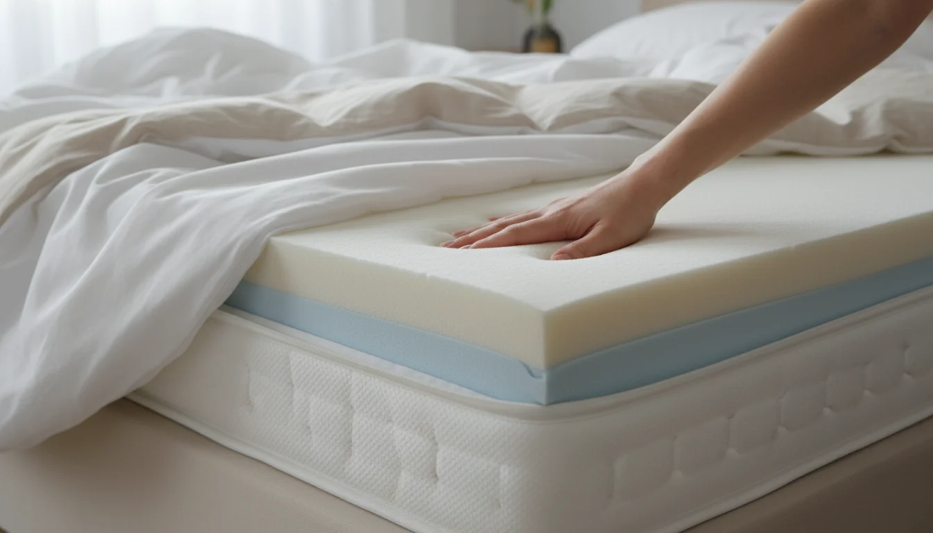 Close-up of a hand gently pressing into the exposed light memory foam layer of a partially unzipped mattress, revealing darker support foam beneath.