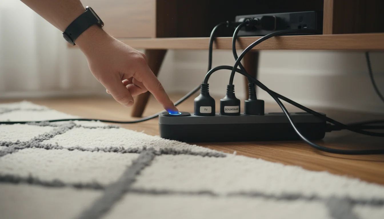 Close-up of a hand pressing the power button on a black smart power strip with multiple device cords plugged in, hidden behind a wooden media console.