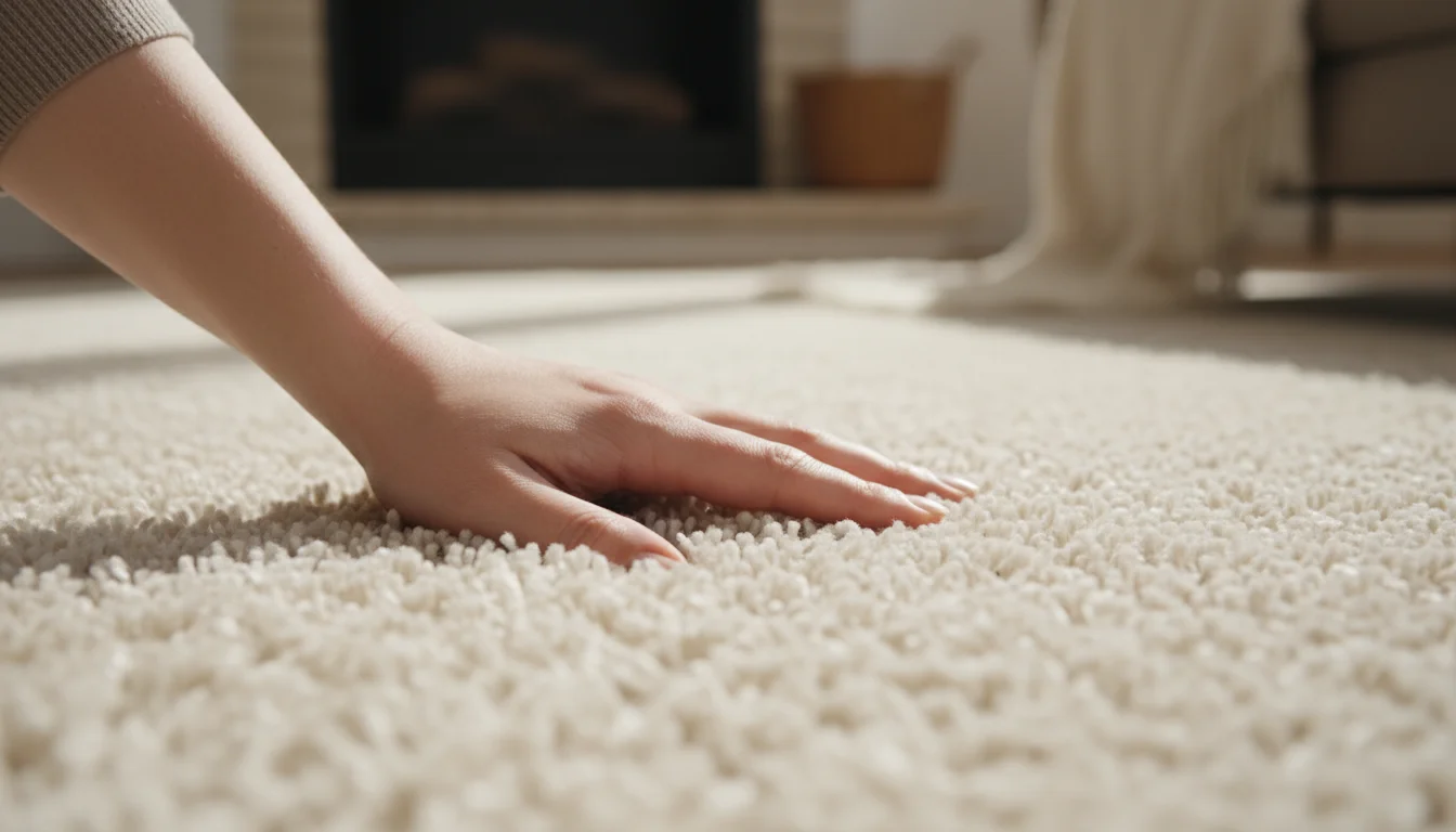 A close-up view of a hand gently pressing into a soft, cream-colored cut pile rug, showcasing its plush, insulating texture.