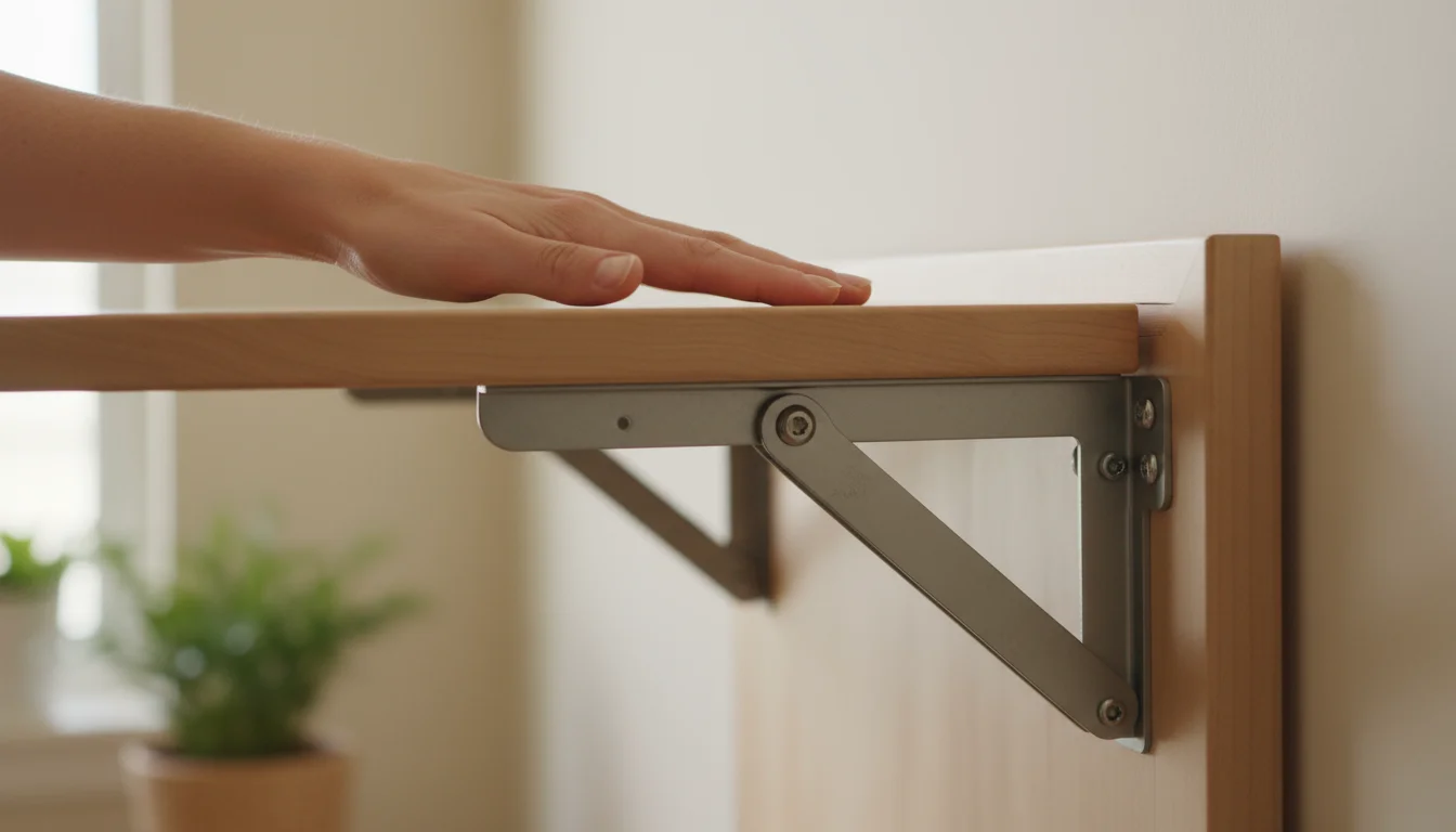 Close-up of a hand gently pressing on the sturdy metal hinge and bracket of a light-wood fold-down desk.