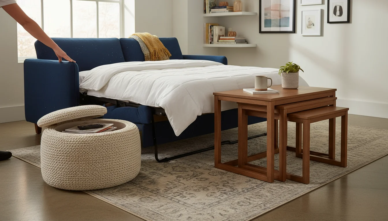 A hand pulls out a navy blue sofa bed in a sunlit living room with a storage ottoman and nesting tables.