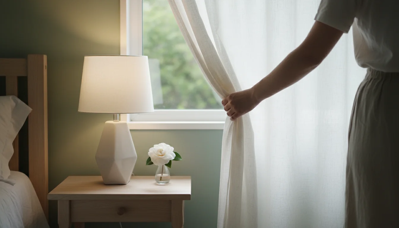A hand gently pulls a sheer curtain in a sage green bedroom, a warm lamp glowing on a bedside table.