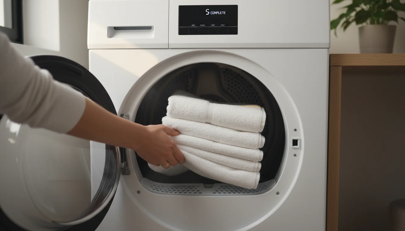 A hand reaches into a modern white heat pump dryer, pulling out neatly folded, perfectly dry warm towels.
