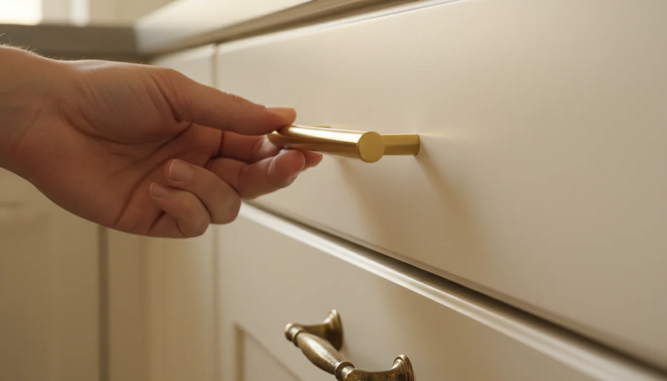 A hand reaches for a new, shiny brass cabinet pull on a warm white kitchen cabinet. An old, tarnished pull is blurred in the background.