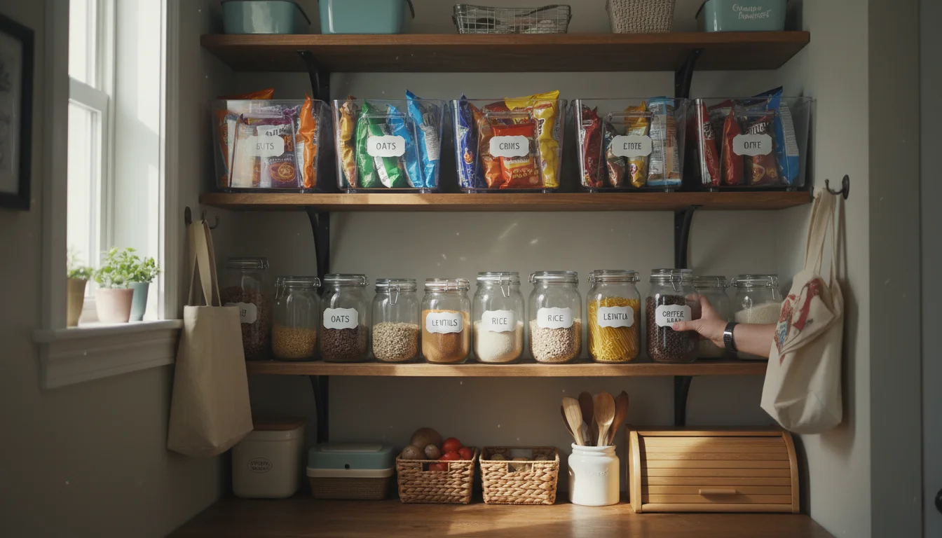 A hand reaches into a pantry section organized with clear plastic bins holding snacks and labeled repurposed glass jars with bulk goods.